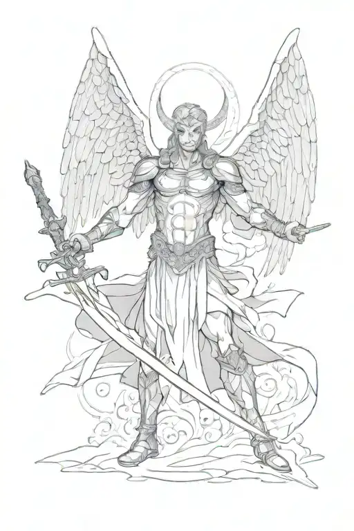Archangel Michael kills Lucifer with a fiery sword. Description of Michael: stern face, athletic body, dressed in ancient Roman (da tattoo design idea