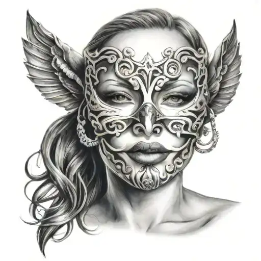 FEMALE MASK FINGUER IN MOUTH ELEGANT SILENCE  tattoo design idea