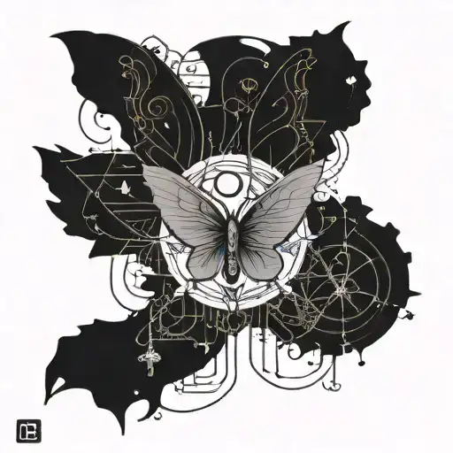 A half-angel-half-demon with butterfly wings surrounded by mathematical symbols and the 'change of heart' yugioh card symbol tattoo design idea