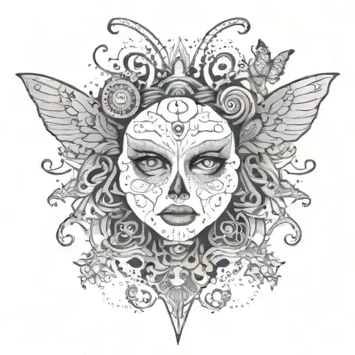 A half-angel-half-demon with butterfly wings surrounded by symbols related to bipolar disorder and ants, in a dotwork style tattoo design idea