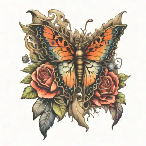buttrtfly with heart wings and human spine tattoo design idea