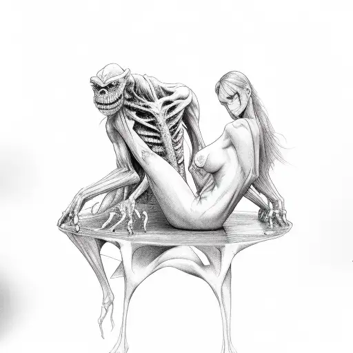 A monster in a delicious position with a woman who looks like me. Sitting in front of him with his body between her legs tattoo design idea