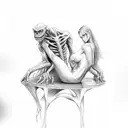 A monster in a delicious position with a woman who looks like me. Sitting in front of him with his body between her legs tattoo design idea