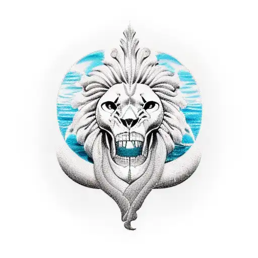 Perfect surfing wave, biomechanical skull, lion, beach, palm trees, electric guitar, beautiful woman, music tattoo design idea
