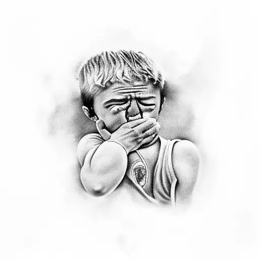 full back tattoo young boy crying as the world is in ruins and old men are killing eachother tattoo design idea