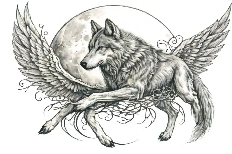 wolf angel fairy moon tattoo design idea