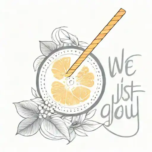 fine line orange with a straw in it, the words “We’re just glad you could visit” in fine script tattoo design idea