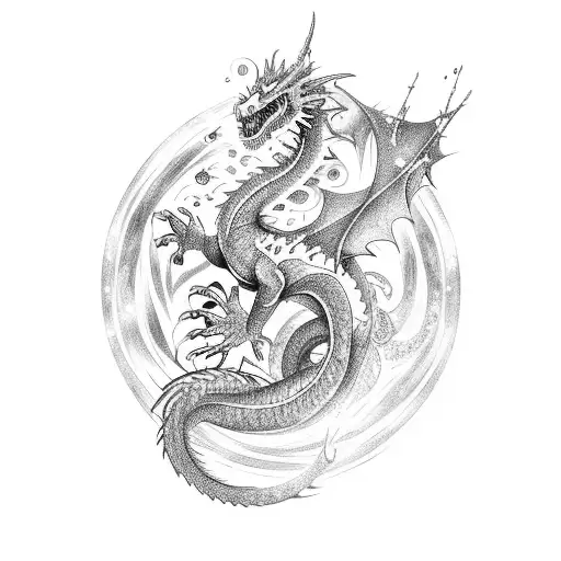 multicolor Dragon with tree body parts ones form a galaxy another form water and the other form planets   tattoo design idea