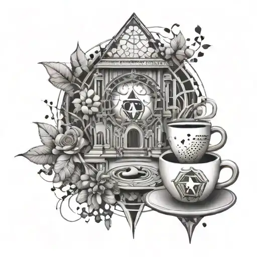 An architectural structure with chakra symbols integrated into its design, surrounded by coffee beans and cups, representing the fusion of energy and creativity in the built environment. tattoo design idea
