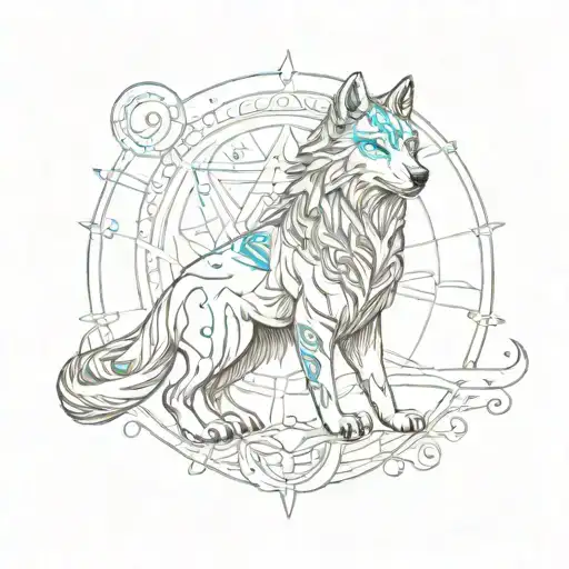 An angelic figure holding a wooden statue of a wolf, with chakra symbols radiating from its body, representing the harmony between nature and spirituality. tattoo design idea