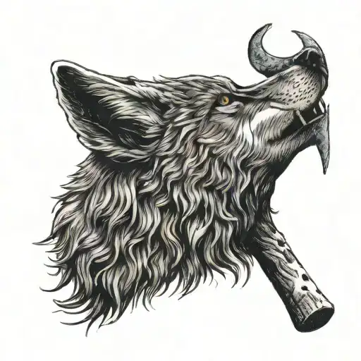 A wolf howling at the moon, holding a wooden carving of a farmer's tool, symbolizing the connection between agriculture and nature. tattoo design idea