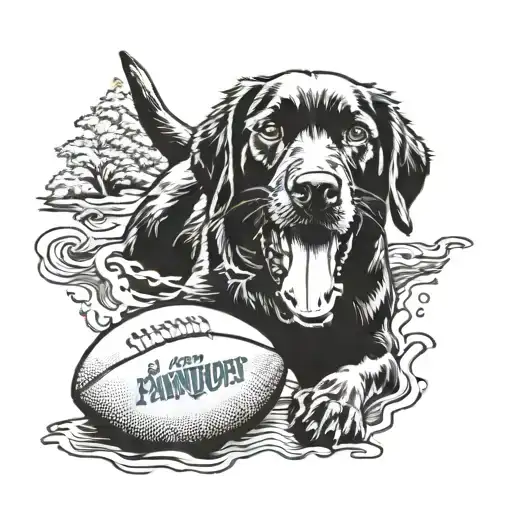 A blackwork tattoo of a dog playing in a creek with a Carolina Panthers football in its mouth, showcasing your love for dogs and football tattoo design idea
