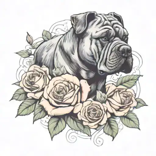 cane corso with roses being fed bacon tattoo design idea