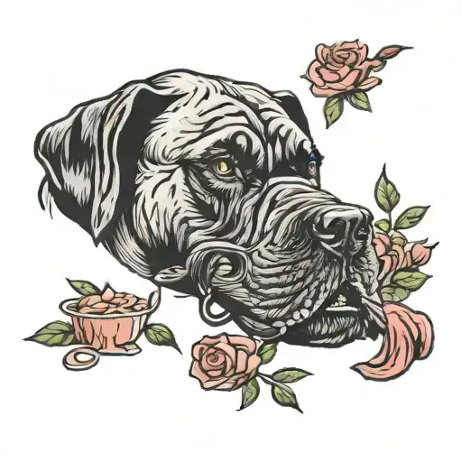 cane corso with roses being fed bacon tattoo design idea