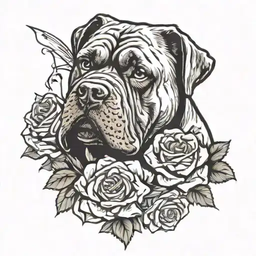 cane corso with roses being fed bacon tattoo design idea