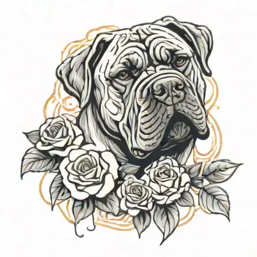 cane corso with roses being fed bacon tattoo design idea