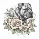 cane corso with roses being fed bacon tattoo design idea