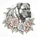 cane corso with roses being fed bacon tattoo design idea