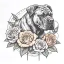 cane corso with roses being fed bacon tattoo design idea