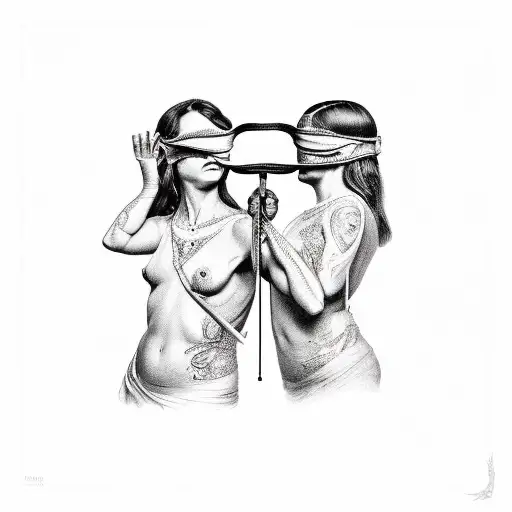 Themis holding a scale on one hand and lifting her blindfold with the other. clothes are torn  tattoo design idea