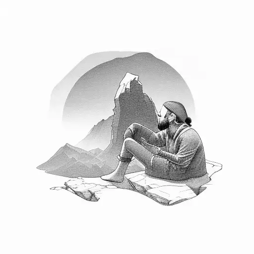 philosopher pondering while sitting on a mountain overlooking a valley tattoo design idea
