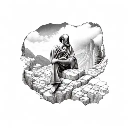 socrates pondering while sitting on a mountain overlooking a valley tattoo design idea