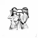 Themis holding a scale on one hand and lifting her blindfold with the other. clothes are torn  tattoo design idea