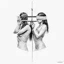 Themis holding a scale on one hand and lifting her blindfold with the other. clothes are torn  tattoo design idea