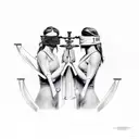 Themis holding a scale on one hand and lifting her blindfold with the other. clothes are torn  tattoo design idea