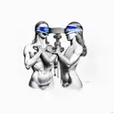 Themis holding a scale on one hand and lifting her blindfold with the other. clothes are torn  tattoo design idea