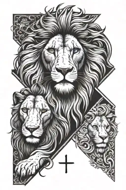 a black cross and on right side behind it is half of a lion face and on the left side a half of a lambs face  tattoo design idea