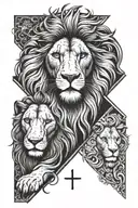 a black cross and on right side behind it is half of a lion face and on the left side a half of a lambs face  tattoo design idea