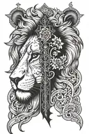 a black cross and on right side behind it is half of a lion face and on the left side a half of a lambs face  tattoo design idea