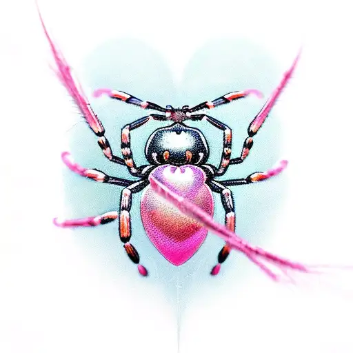 spider  descending fron a heart shaped web all in pink tattoo design idea