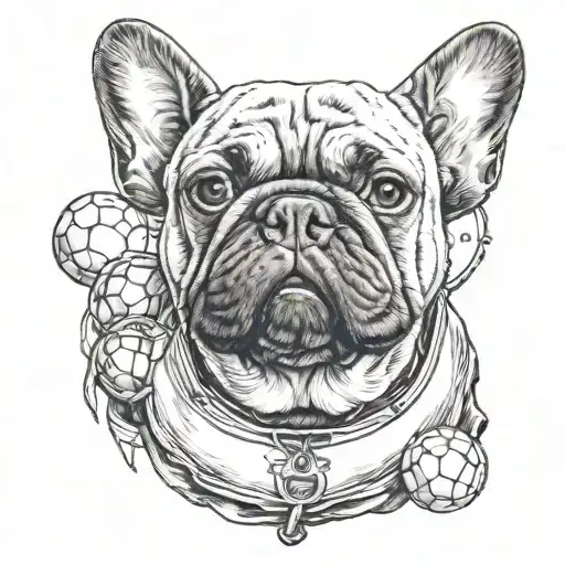 A realistic portrait of a French bulldog wearing a football jersey tattoo design idea
