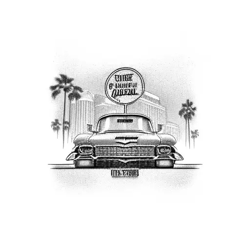 A nostalgic tattoo of a 55 Chevy bel air driving through a conversation-filled San Diego street in dotwork tattoo design idea