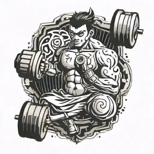 Combine a gym dumbbell with a traditional Japanese anime character tattoo design idea