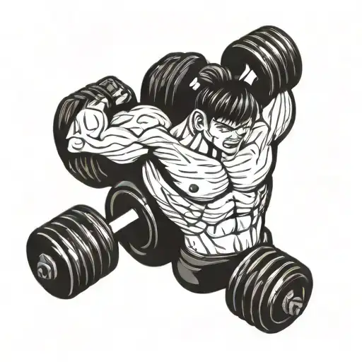 Combine a gym dumbbell with a traditional Japanese anime character tattoo design idea