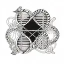 DNA double helix intertwined with alchemy symbols tattoo design idea