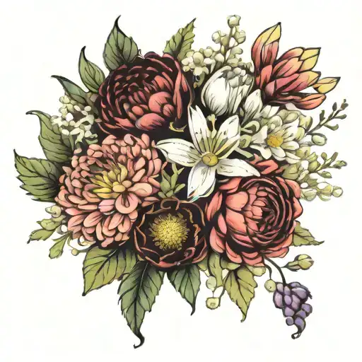 one of each flower in a bouquet in black and white - aster, lily of the valley, daisy and chrysanthemum, some greenery  tattoo design idea