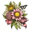 one of each flower in a bouquet in black and white - aster, lily of the valley, daisy and chrysanthemum, some greenery  tattoo design idea
