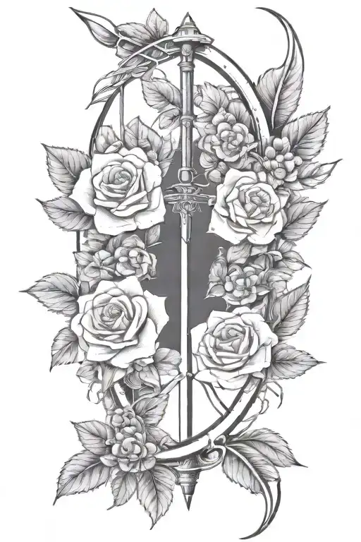 bow and arrow made out of the number three surrounded by wild roses tattoo design idea