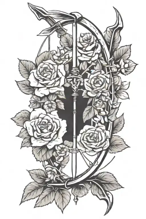 bow and arrow made out of the number three surrounded by wild roses tattoo design idea