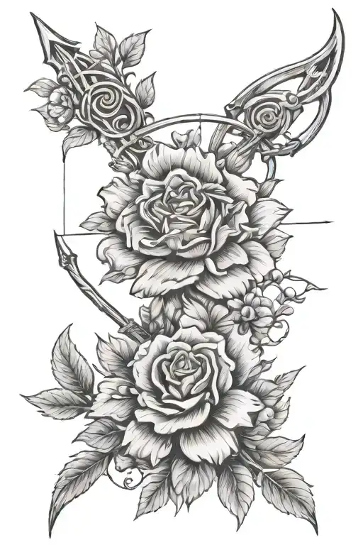bow and arrow made out of the number three intertwined by wild roses tattoo design idea