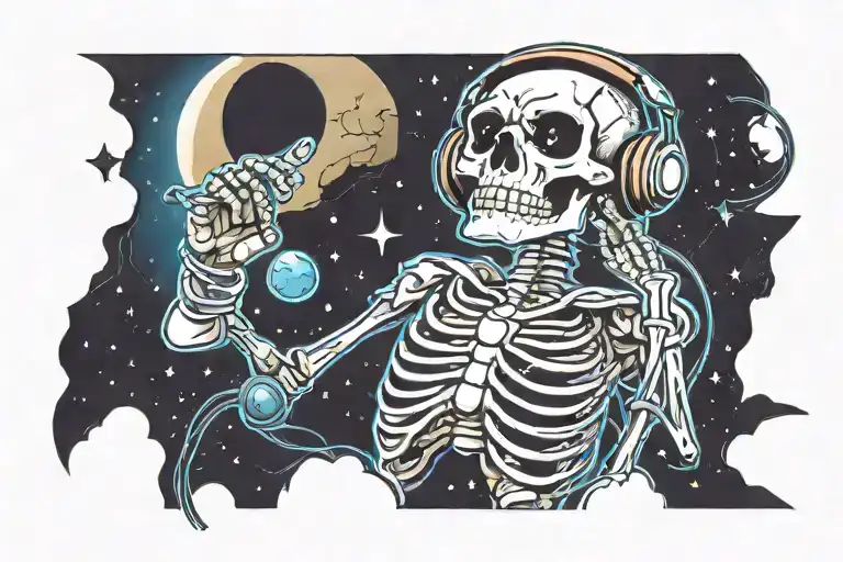 A cute cartoon skeleton wearing headphones. He's listening to the moon in the sky. tattoo design idea