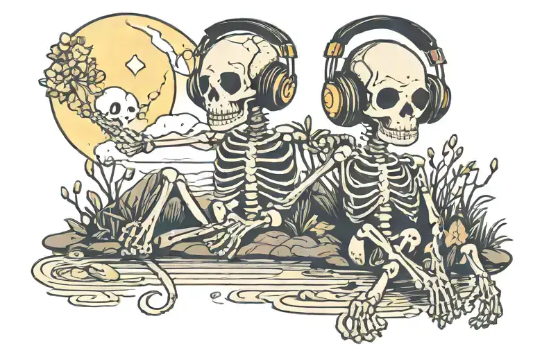 A cute yellowed cartoon skeleton at a lake, wears headphones plugged into back of a crescent moon tattoo design idea