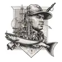 A bold black-grey tattoo of an engineer's blueprint with hunting and fishing motifs intertwined tattoo design idea