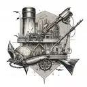 A bold black-grey tattoo of an engineer's blueprint with hunting and fishing motifs intertwined tattoo design idea