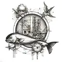 A bold black-grey tattoo of an engineer's blueprint with hunting and fishing motifs intertwined tattoo design idea