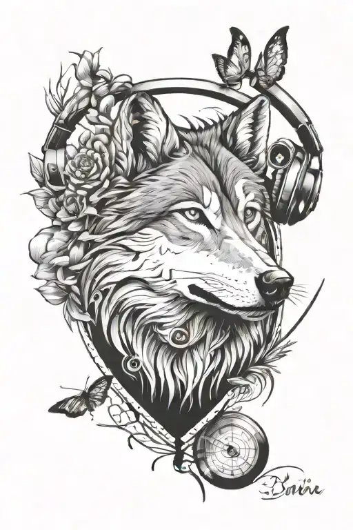 Musics inside wolf blended by butterflys souronding tattoo design idea